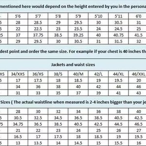 May include: A detailed chart with measurements for jackets, trousers, and height-related lengths. Includes US letter sizes, shoulder, chest, stomach, waist, hip, thigh, knee, and bottom measurements in inches.