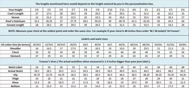 May include: A detailed chart with measurements for jackets, trousers, and height-related lengths. Includes US letter sizes, shoulder, chest, stomach, waist, hip, thigh, knee, and bottom measurements in inches.