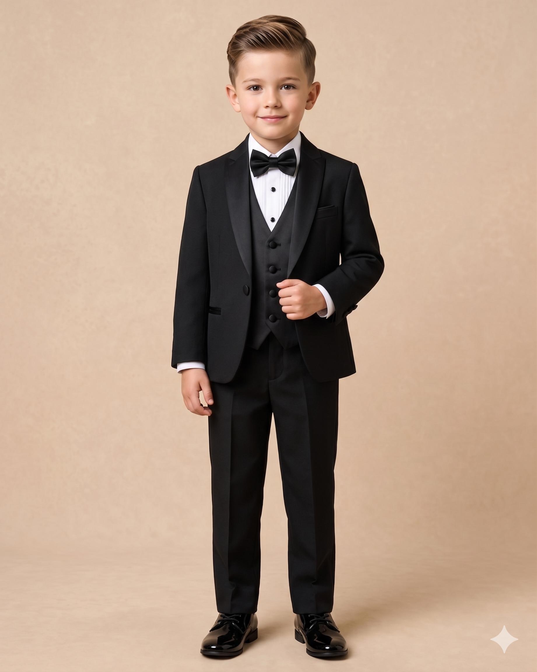 Black Boys Tuxedo Suit, Kids 3 Piece Formal Suit, Ring Bearer Outfit
