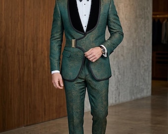 Emerald Green Paisley Tuxedo Suit for Men, Shawl Lapel Velvet Blazer, Wedding Groom Suit