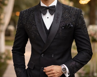 Black Embroidered Tuxedo Suit – 3 Piece Men's Wedding Attire with Beaded Blazer