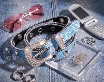 Rhinestone Punk Belt for Women, Sparkly Crystal Y2K Goth Waist Belt, Adjustable Bling Jeans Belt for Skirt, E-Girl Festival Club Accessory