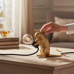 Peut inclure: Lampe en forme de souris dorée tenant une ampoule. La lampe a une base et un cordon noirs. L'ampoule est transparente avec un filament visible. La lampe est posée sur une table en bois.
