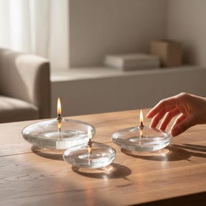 Puede incluir: Tres lámparas de aceite de vidrio transparente con mechas encendidas sobre una mesa de madera. Las lámparas son de diferentes tamaños y tienen un diseño minimalista. Una mano se acerca a una de las lámparas.