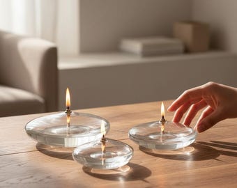 Flat Glass Oil Candle – Minimalist Table Candle – Modern Home Decor – Refillable Oil Lamp – Aesthetic Cozy Lighting