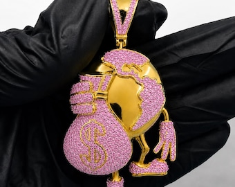 Simulated Pink Diamond Money Bag Pendant, 14K Yellow Gold Plated Silver Hip Hop Charm