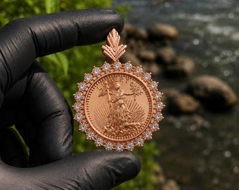 Round Cut Simulated Diamond Liberty Coin Pendant 14K Rose Gold Plated Silver
