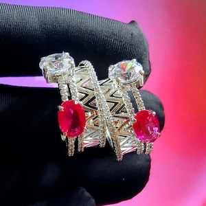 Oval Cut Simulated Red Ruby Stud Earrings 14K White Gold Plated 925 Sterling Silver
