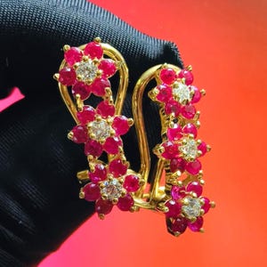 Round Cut Simulated Red Ruby Flower Stud Earrings 14K Yellow Gold Plated 925 Silver