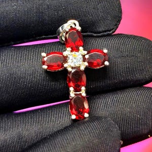 Oval Cut Simulated Red Ruby Christmas Cross Necklace Pendant 14K White Gold Plated Silver