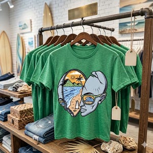 May include: Green t-shirts with a graphic design of a beach scene and a face wearing sunglasses. The shirts are hanging on a wooden rack in a retail store. Other items on display include jeans, surfboards, and decorative items.