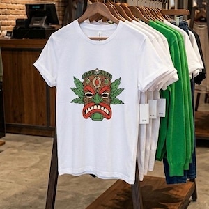 May include: White t-shirt featuring a colorful tribal mask design with green leaves and a red mouth. The t-shirt is displayed on a wooden rack with other shirts and clothing items. The shirt is made of a soft, comfortable material.