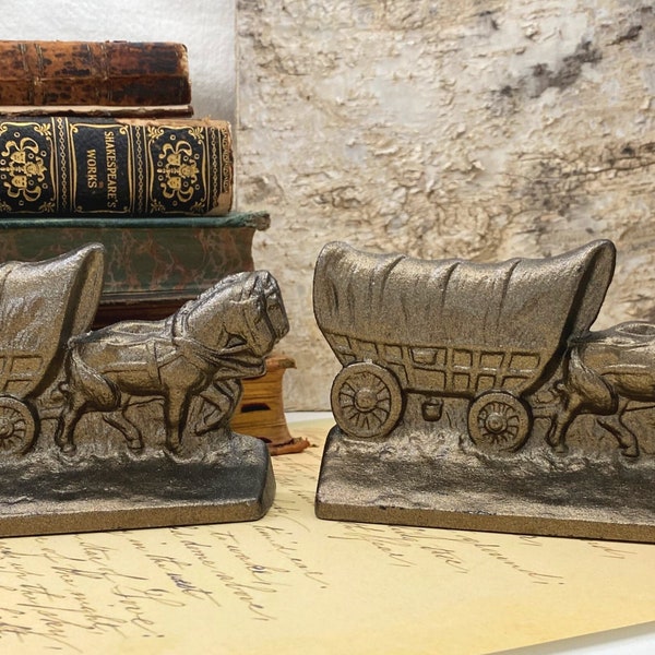 Antique Vintage Hubley Cast Iron No. 378 Rustic Bookends Horses with Pioneer Covered Wagons or Door Stops