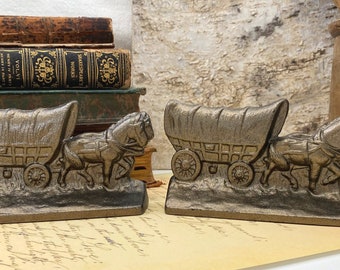 Antique Vintage Hubley Cast Iron No. 378 Rustic Bookends Horses with Pioneer Covered Wagons or Door Stops