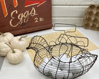 Vintage Wire Metal Chicken Shaped Poultry Egg Basket ~ for Farm Gathering or Rustic Farmhouse Country Kitchen Decor