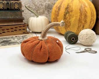 Vintage Handmade Folk Art Figural Pumpkin Pin Cushion Real Stem Sewing Tool