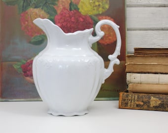 11" Antique Vintage White Ironstone China Water Wash Basin Pitcher Lovely Embossed Detail & Shapely Form Johnson Bros. England