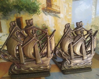 Pair of Vintage BRASS SHIP BOOKENDS