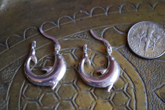 Vintage EARRINGS - Sterling Silver DOLPHIN Earrin… - image 1