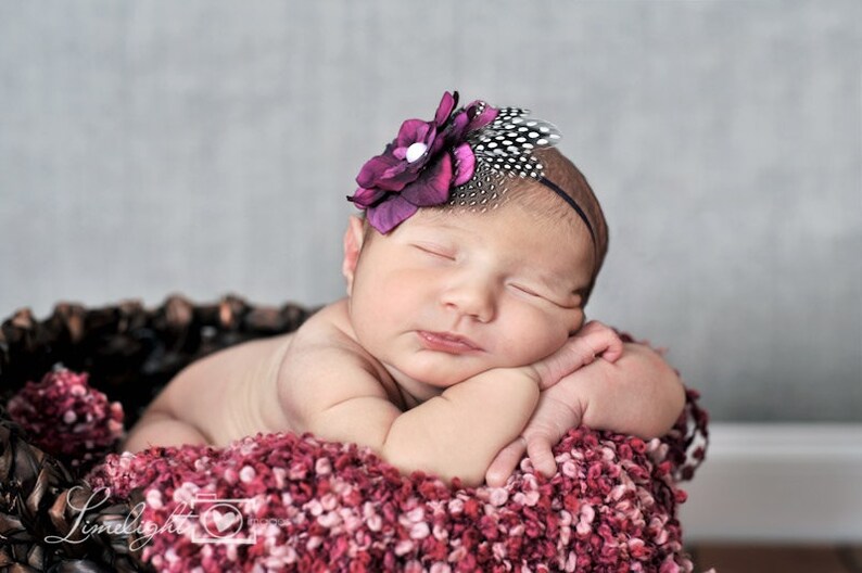 Purple Flower Headband With Feathers/ Newborn Headband/ Baby | Etsy