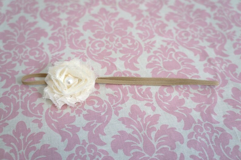 Cream shabby chic flower with pearl center on Khaki super skinny headband