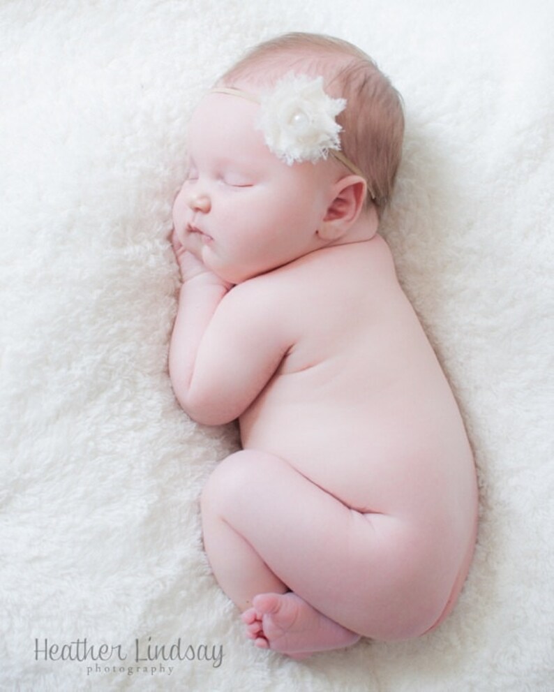 Cream shabby chic flower with pearl center on Khaki super skinny headband