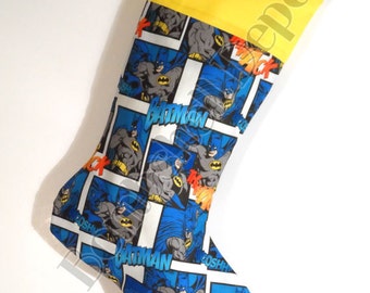 Handmade Batman Super Hero Pattern Christmas Stocking Cotton Fully w/ Yellow Cuff