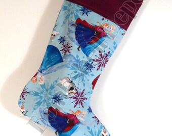 Handmade Frozen Anna, Elsa, and Olaf Print Christmas Stocking w/cuff and liner