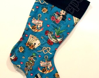 Handmade Blue Tattoo Sailor Fully Lined Christmas Stocking