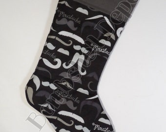 Handmade Mustache Themed Fannel Christmas Stocking Lined w/ Grey Flannel Cuff