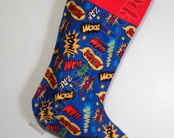 Handmade Super Hero Pattern Christmas Stocking Cotton/poly Lined w/ Red Cuff