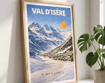 Pôster de esqui de Val d'Isère, França | Impressão vintage de esqui | Arte de parede alpina | Pôster de estação de esqui | Impressão minimalista de montanha | Decoração de inverno