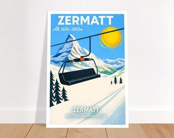 Impressão de esqui em estilo pop art de Zermatt | Impressão de esqui do Matterhorn | Arte de parede alpina colorida | Pôster de viagem para a Suíça | Decoração de esqui | Arte pop de montanha