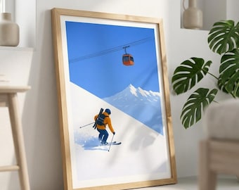 Pôster de Esqui | Arte de Parede Minimalista com Tema de Esqui | Pôster de Teleférico | Impressão de Inverno Alpino | Decoração de Esqui na Montanha | Arte de Snowboard | Impressão de Arte Moderna de Esqui