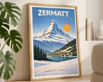 Pôster de esqui vintage de Zermatt, Suíça | Arte de parede alpina | Pôster do Matterhorn | Impressão minimalista de montanha | Decoração de inverno