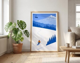 Impressão minimalista de esqui | Arte de parede alpina | Pôster de esqui | Impressão de paisagem de inverno | Decoração moderna de montanha | Esqui