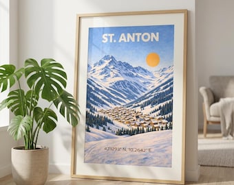 Pôster de esqui vintage de St. Anton, Áustria | Arte de parede para vila alpina | Pôster de estação de esqui do Tirol | Impressão de esqui de St. Anton