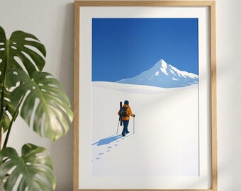 Impressão minimalista de esqui | Impressão de esqui | Arte de parede alpina | Pôster de esqui de montanha | Impressão de paisagem de inverno | Decoração moderna de montanha | Esqui