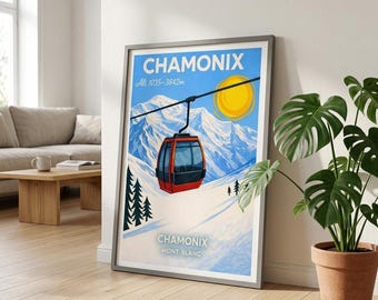 Pôster de Chamonix Mont Blanc | Impressão de esqui nos Alpes Franceses | Arte de parede alpina | Pôster de viagem vintage | Decoração de montanha | Impressão de estação de esqui