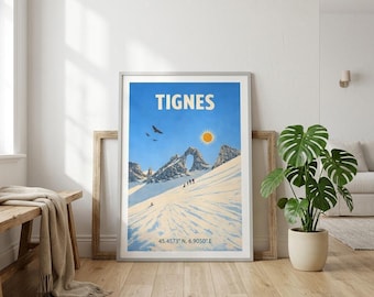 Pôster de esqui vintage de Tignes | Impressão dos Alpes Franceses | Pôster de estação de esqui | Decoração de montanha | Presente de viagem impresso