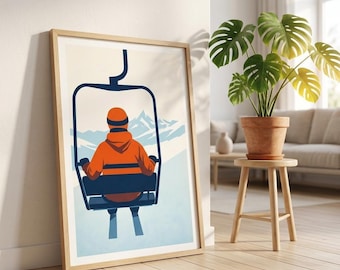 Impressão minimalista de esqui | Impressão de teleférico | Arte de parede alpina | Pôster de esqui | Impressão de paisagem de inverno | Decoração moderna de montanha | Esqui
