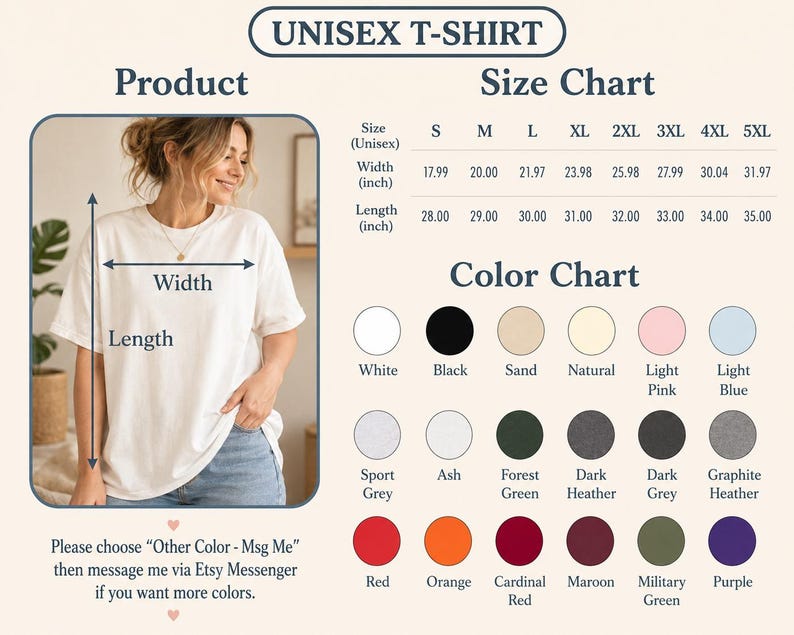 Op de afbeelding: Een wit t-shirt weergegeven met een maattabel met breedtes en lengtes in inches van S tot 5XL, en een kleurenkaart met twintig afzonderlijke cirkelvormige kleurvakken gelabeld met namen zoals White, Black, Sand, Natural en diverse andere.