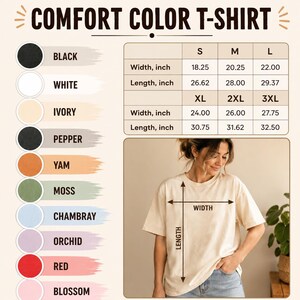 Op de afbeelding: Een Comfort Color t-shirt maattabel met een lijst van kleuren waaronder zwart, wit, ivoor, peper, yam, mos, chambray, orchidee, rood en bloesem. Een tabel toont breedte- en lengtematen in inches voor de maten S tot en met 3XL.