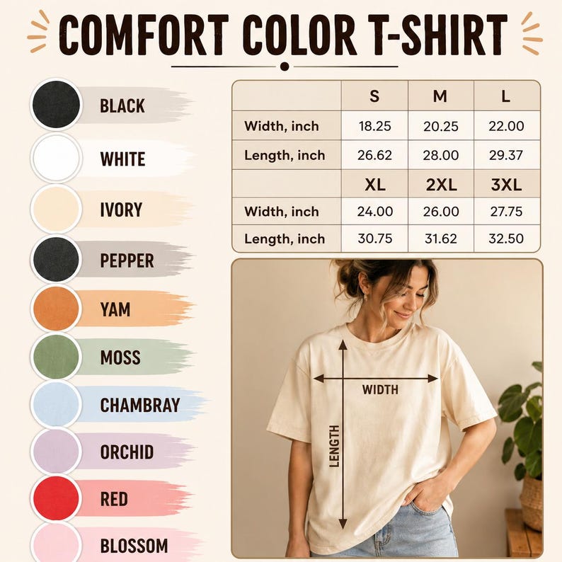 Op de afbeelding: Een Comfort Color t-shirt maattabel met een lijst van kleuren waaronder zwart, wit, ivoor, peper, yam, mos, chambray, orchidee, rood en bloesem. Een tabel toont breedte- en lengtematen in inches voor de maten S tot en met 3XL.