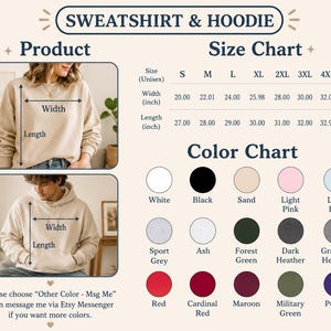 Op de afbeelding: Een maattabel en kleurenpalet voor sweatshirts en hoodies met een beige sweater en een beige hoodie met breedte- en lengtepijlen. Bevat een maattabel in inches en een kleurenpalet met vijftien verschillende kleuropties voor de kledingstukken.