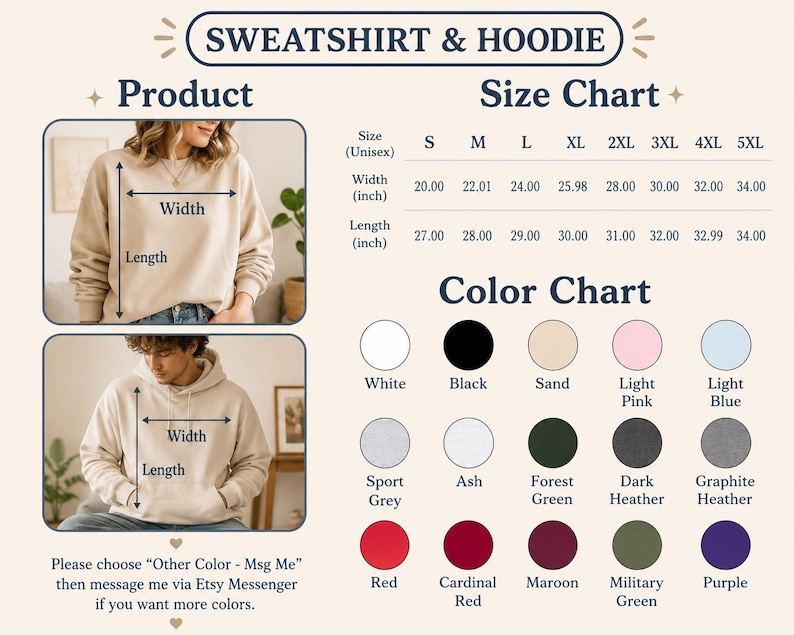 Op de afbeelding: Een maattabel en kleurenpalet voor sweatshirts en hoodies met een beige sweater en een beige hoodie met breedte- en lengtepijlen. Bevat een maattabel in inches en een kleurenpalet met vijftien verschillende kleuropties voor de kledingstukken.