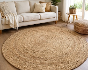 Handmade Round Jute Rug, Braided Natural Fiber, Boho Farmhouse Decor (Custom Size)