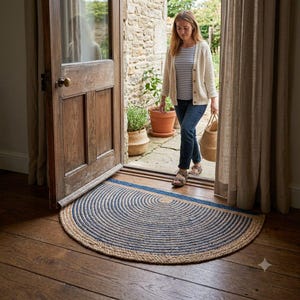 May include: A semi-circular doormat featuring a concentric pattern of natural tan and navy blue woven fibers. The mat is positioned on a dark wood floor directly in front of an open wooden door leading to an outdoor stone patio area.