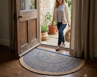 Half Moon Jute Doormat – Handwoven Braided Indoor Outdoor Rug, Washable Entryway Mat