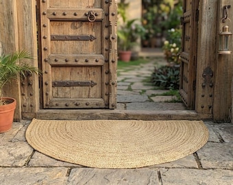 Handwoven Jute Half Circle Doormat, Boho Entryway Rug, Braided Semi-Circle Mat